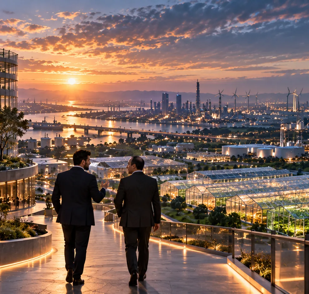 Illustration: two people walk along a terrace above greenhouses, storage and wind turbines at sunset