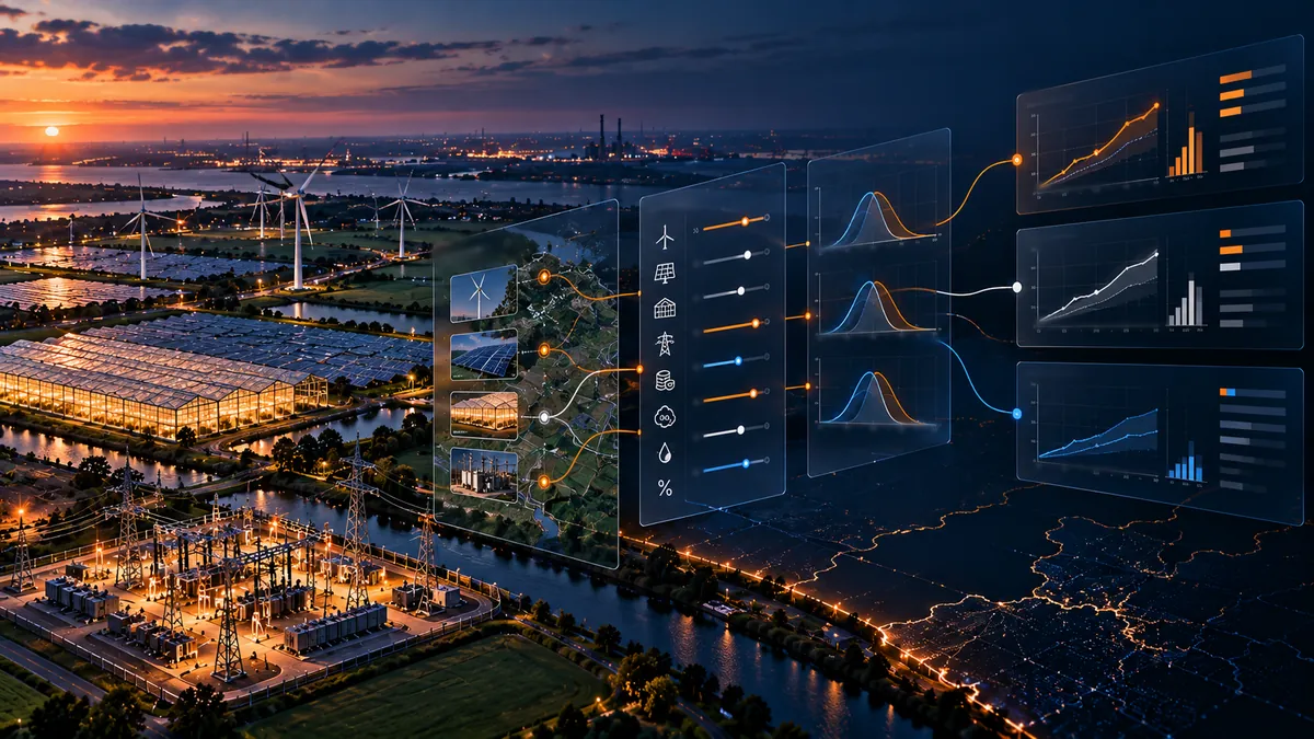 Illustration: energy assets on the left feed a column of variables, scenario distributions and outcome charts on the right